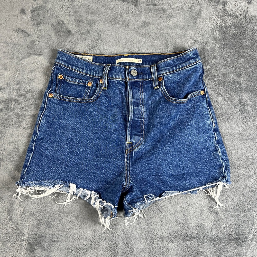 Levis Ribcage Cut Off Shorts Womens 28 Blue Denim Cotton Frayed Hem Dark Wash